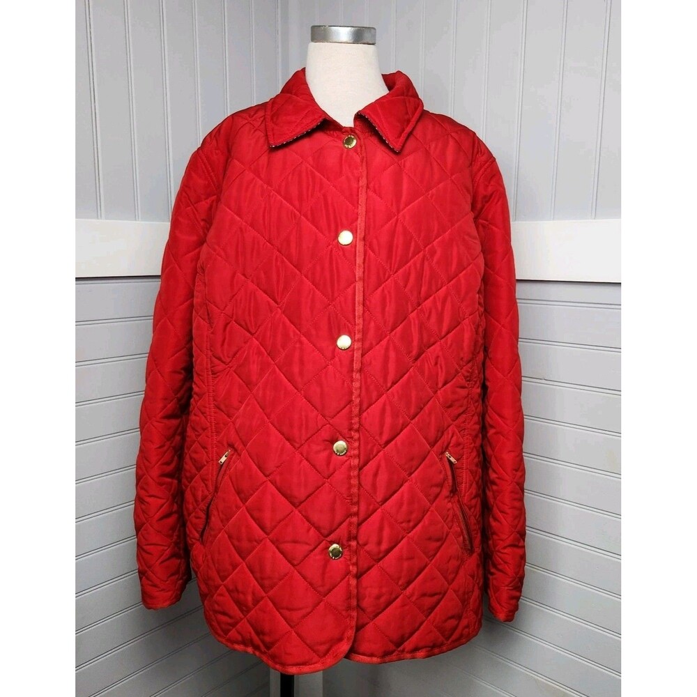 Crown&Ivy Quilted Jacket Red Womens 3X Lightweight Pockets Gold Buttons Casual